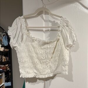 American Eagle White Smocked Puff Sleeve Top